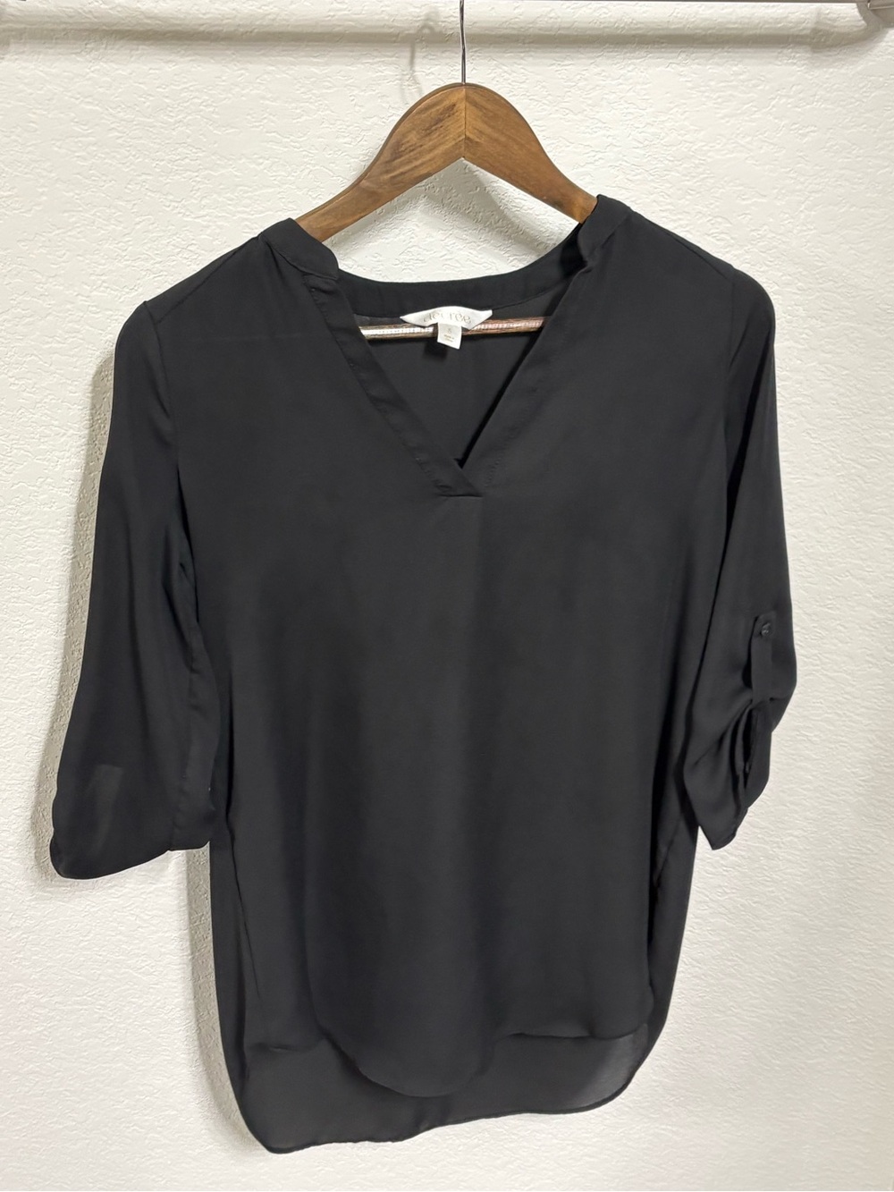 Decree Black V-Neck Roll-Tab Sleeve Blouse
